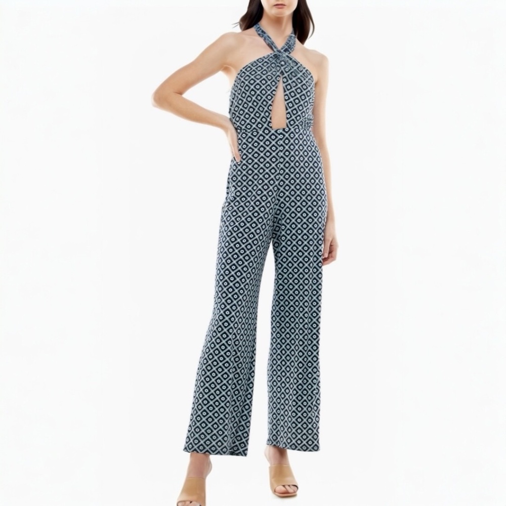 Row A Printed Cross Front Halter Jumpsuit Size M